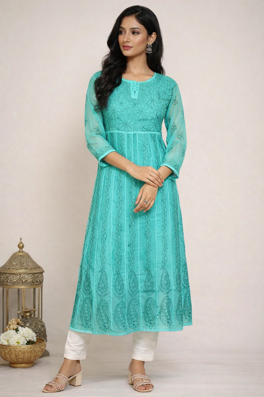 Lucknow Fashion Diary Hand Embroidered Lucknowi Chikankari Women's Green Georgette anarkali