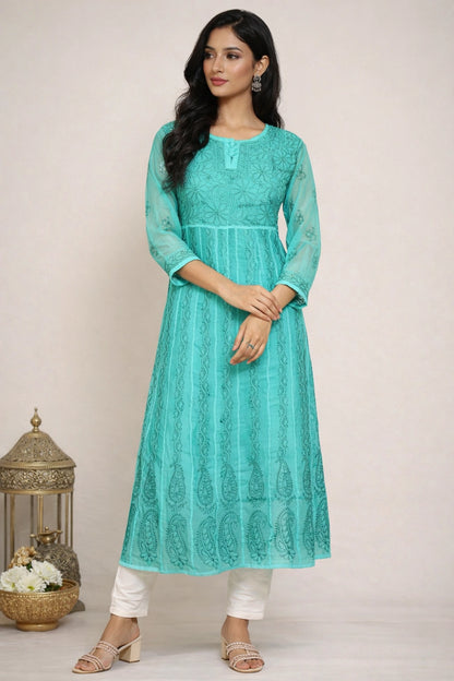 Lucknow Fashion Diary Hand Embroidered Lucknowi Chikankari Women's Green Georgette anarkali