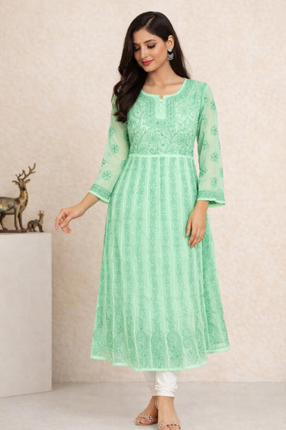 Lucknow Fashion Diary Hand Embroidered Lucknowi Chikankari Women's Green Georgette anarkali