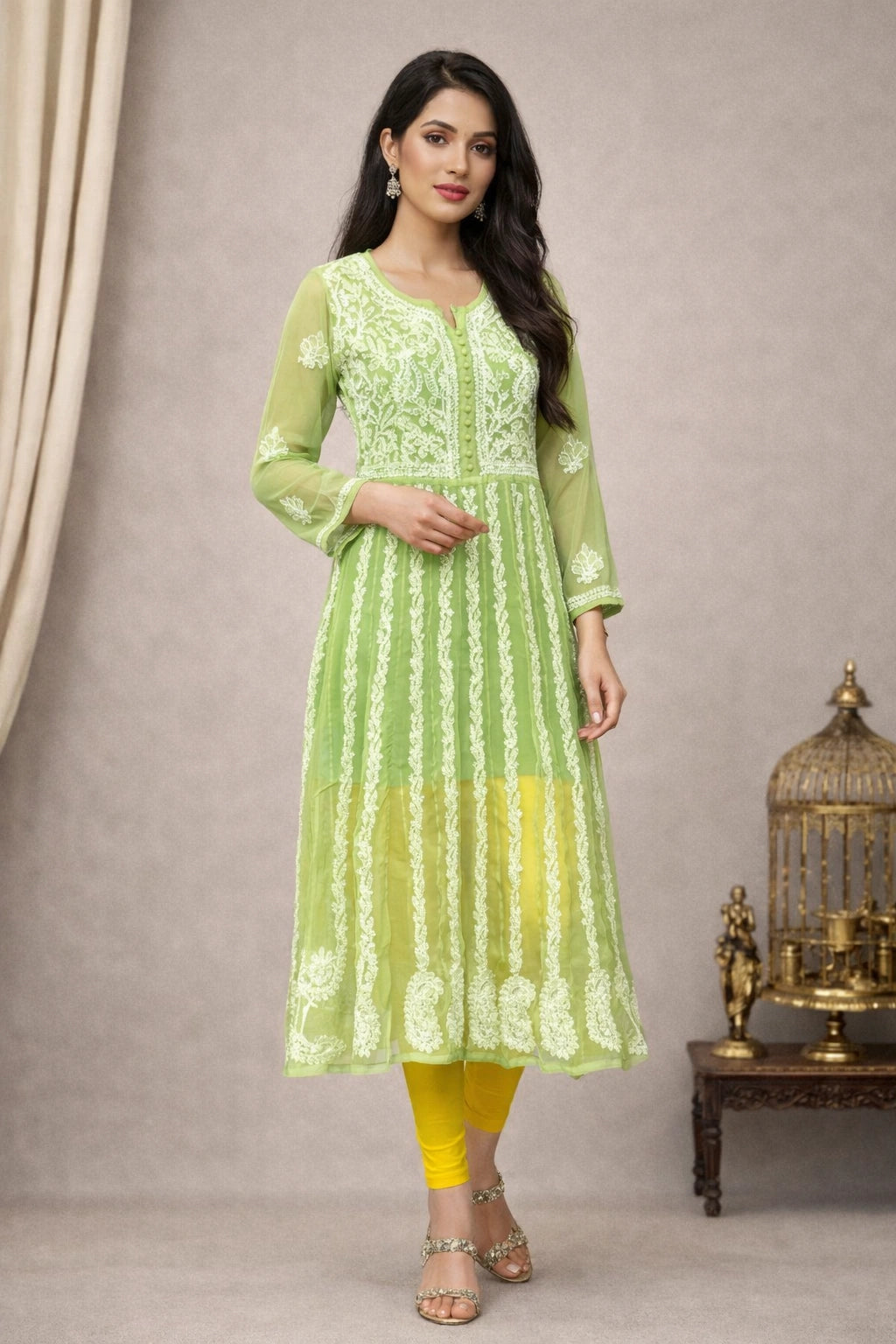 Lucknow Fashion Diary Hand Embroidered Lucknowi Chikankari Women's Green Georgette Anarkali 
