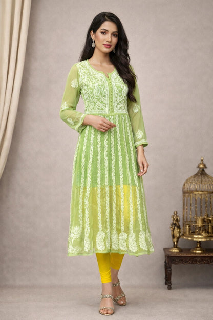 Lucknow Fashion Diary Hand Embroidered Lucknowi Chikankari Women's Green Georgette Anarkali 