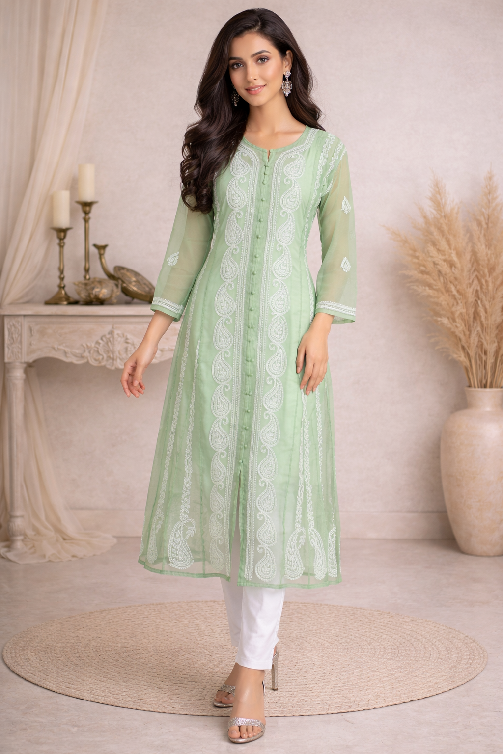 Lucknow Fashion Diary Hand Embroidered Lucknowi Chikankari Women's Green Georgette Anarkali