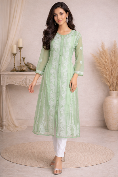 Lucknow Fashion Diary Hand Embroidered Lucknowi Chikankari Women's Green Georgette Anarkali
