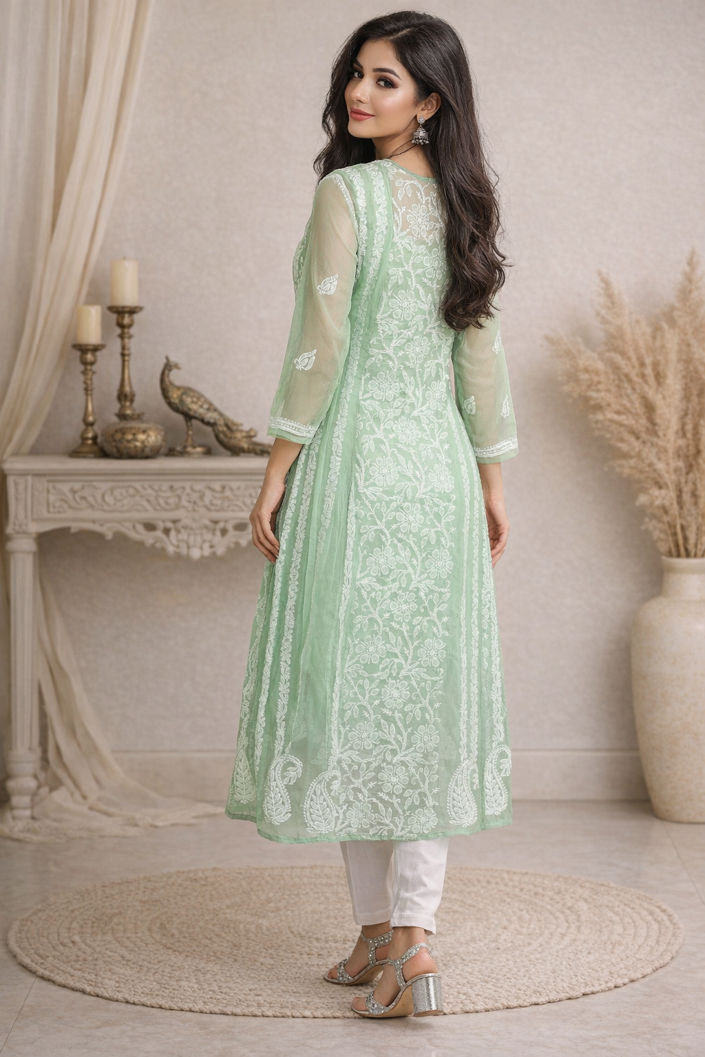 Woman wearing a light green embroidered kurta with white pants in an elegant room setting.