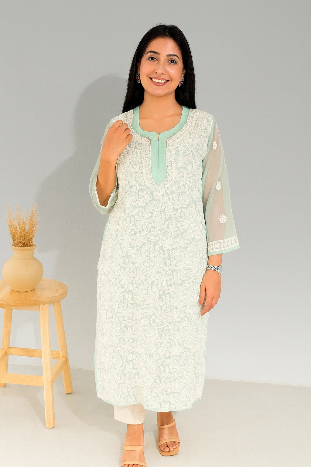 Lucknow Fashion Diary Hand Embroidered Lucknowi Chikankari Women's Green Georgette Kurti