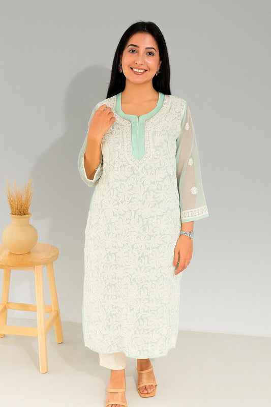 Lucknow Fashion Diary Hand Embroidered Lucknowi Chikankari Women's Green Georgette Kurti