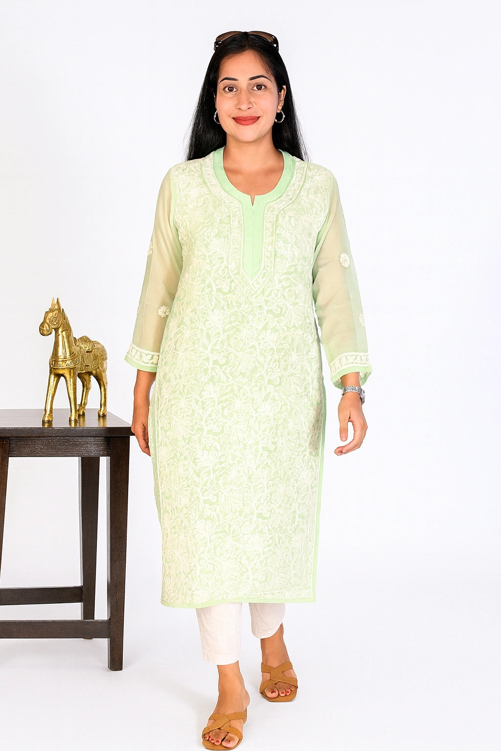 Lucknow Fashion Diary Hand Embroidered Lucknowi Chikankari Women's Green Georgette Kurti