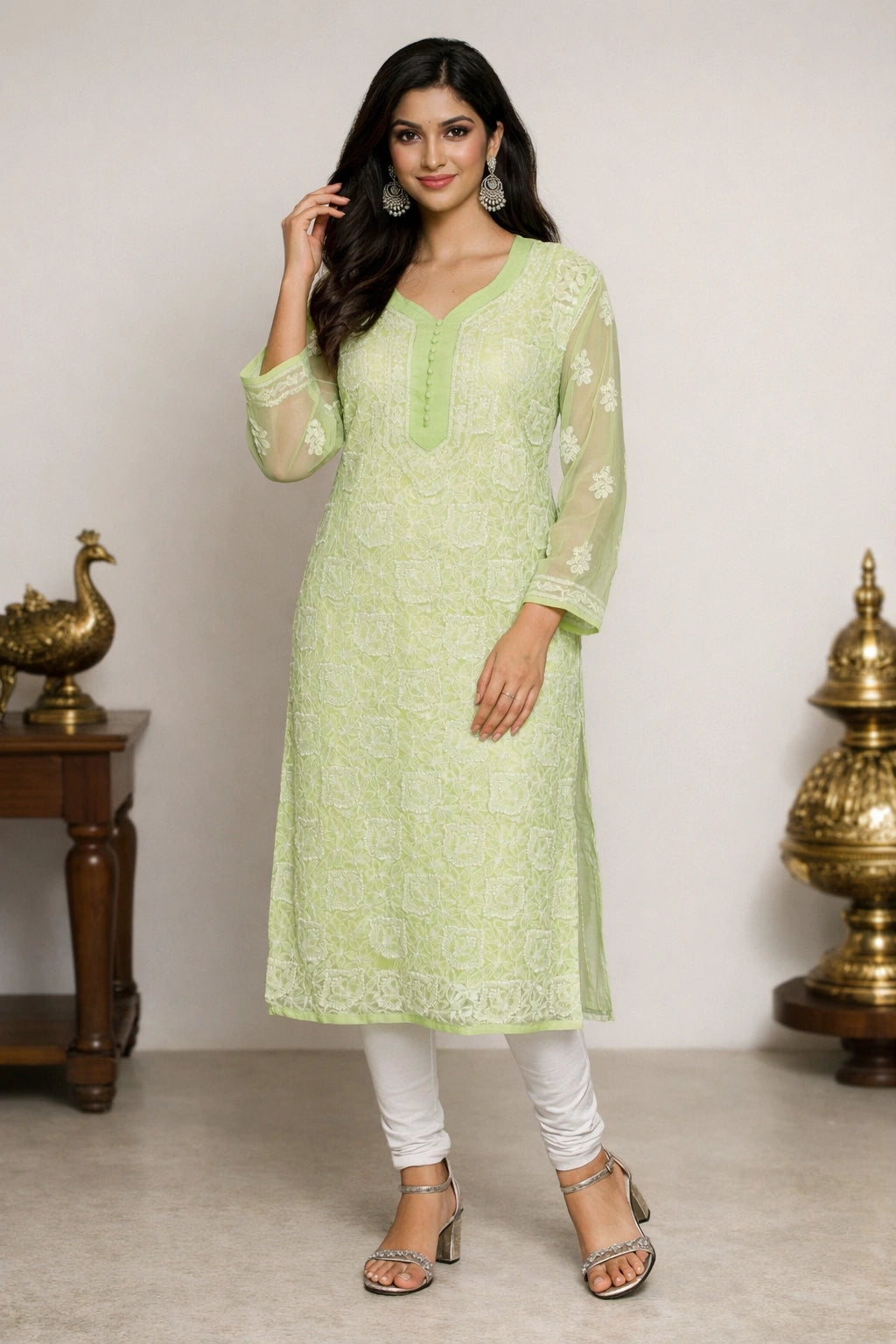 Lucknow Fashion Diary Hand Embroidered Lucknowi Chikankari Women's Green Georgette Kurti