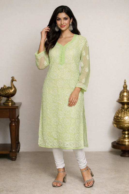 Lucknow Fashion Diary Hand Embroidered Lucknowi Chikankari Women's Green Georgette Kurti