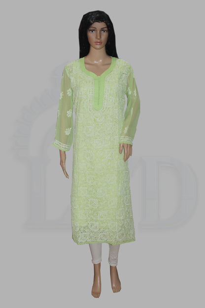 Light green embroidered kurta on a mannequin against a gray background