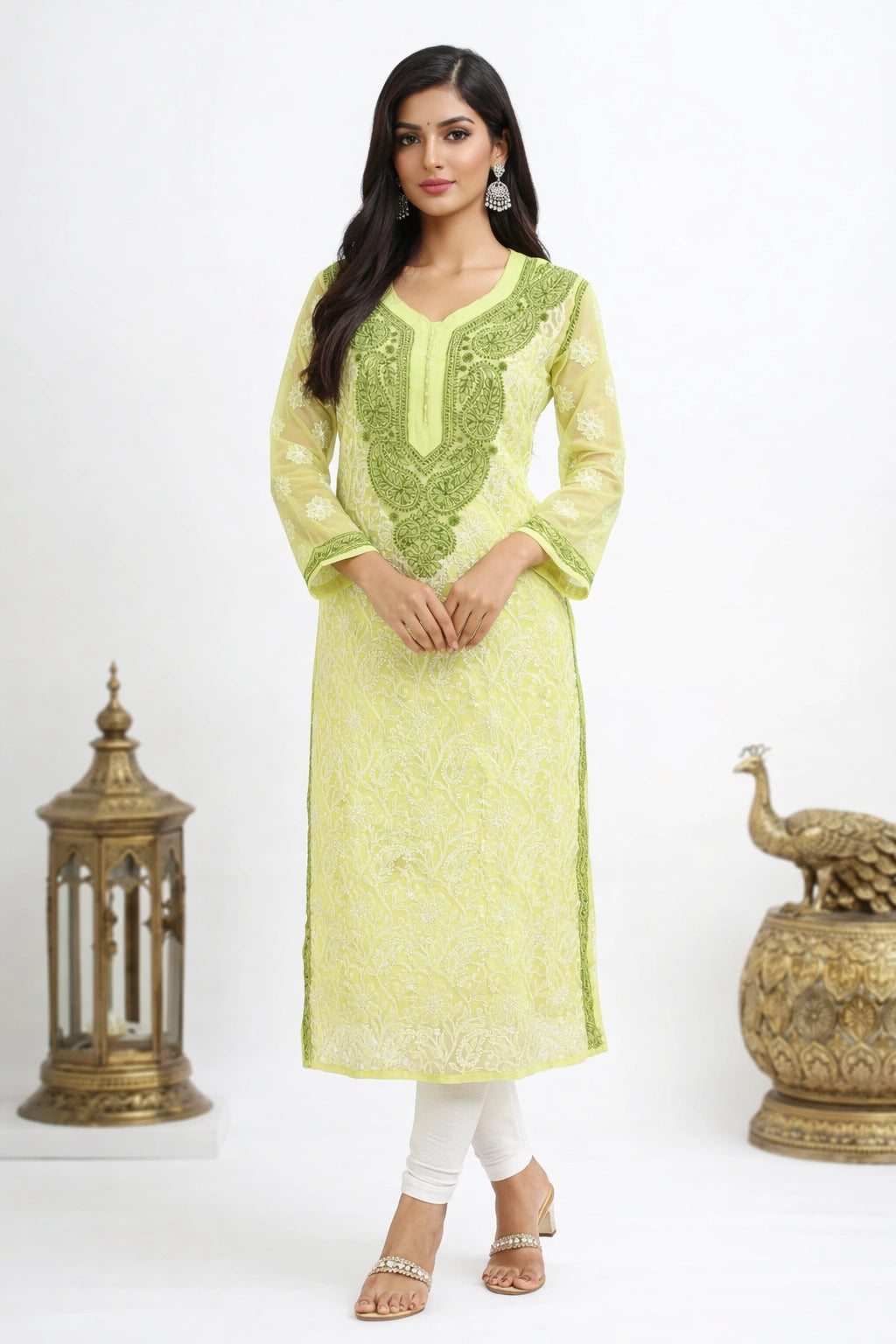 Lucknow Fashion Diary Hand Embroidered Lucknowi Chikankari Women's Green Georgette Kurti