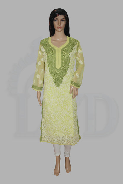Light green embroidered kurta on a mannequin against a gray background