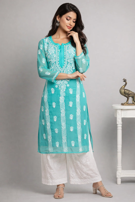 Lucknow Fashion Diary Hand Embroidered Lucknowi Chikankari Women's Green Georgette Kurti