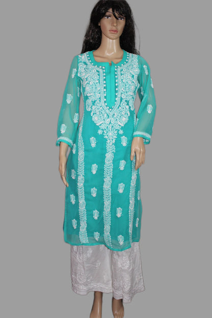 Teal embroidered kurta with white patterns on a gray background