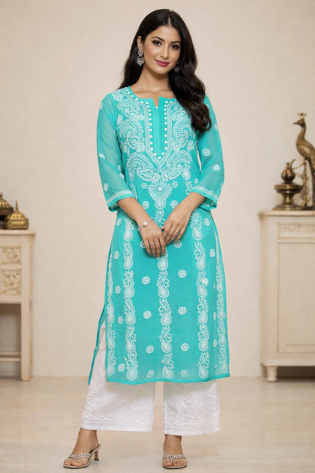 Lucknow Fashion Diary Hand Embroidered Lucknowi Chikankari Women's Green Georgette Kurti