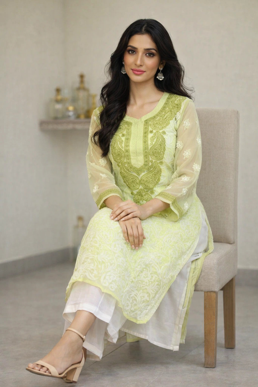 Lucknow Fashion Diary Hand Embroidered Lucknowi Chikankari Women's Green Georgette Kurti