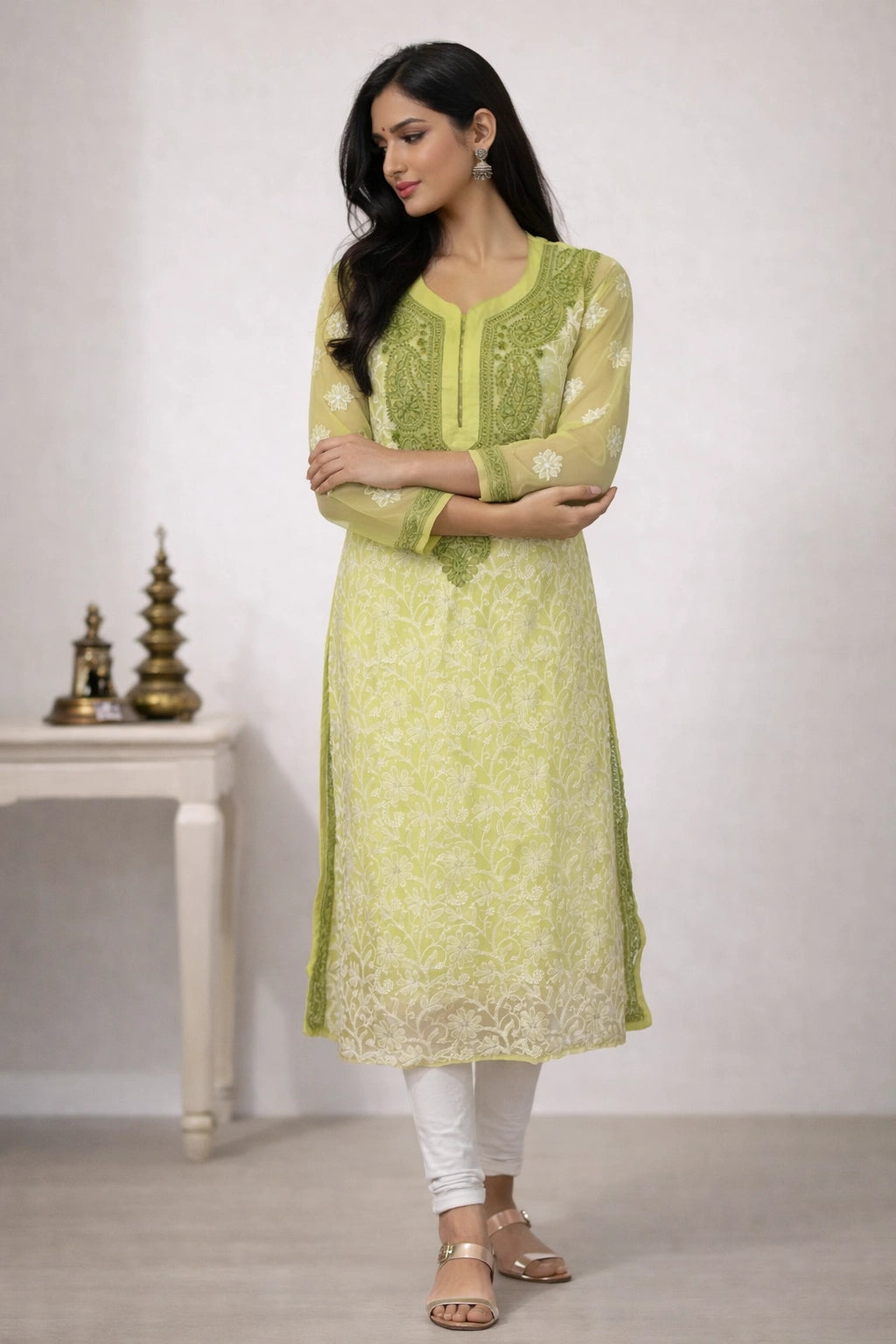 Lucknow Fashion Diary Hand Embroidered Lucknowi Chikankari Women's Green Georgette Kurti