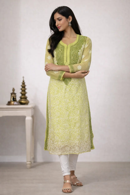 Lucknow Fashion Diary Hand Embroidered Lucknowi Chikankari Women's Green Georgette Kurti