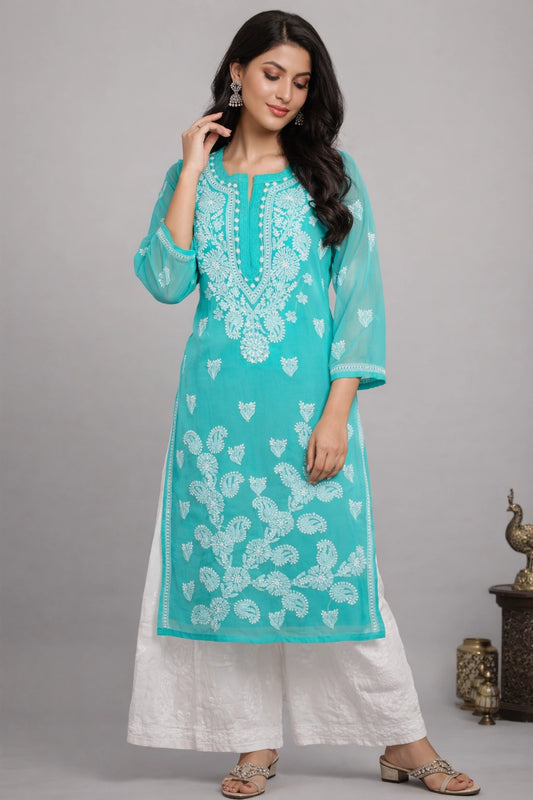 Lucknow Fashion Diary Hand Embroidered Lucknowi Chikankari Women's Green Georgette Kurti