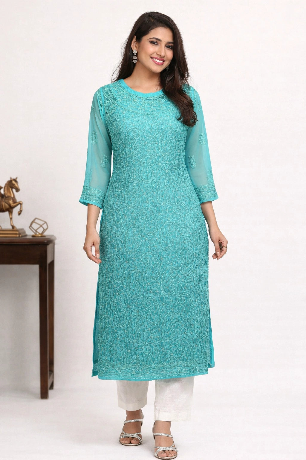 Lucknow Fashion Diary Hand Embroidered Lucknowi Chikankari Women's Green Georgette Kurti