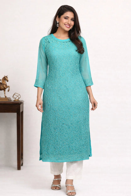 Lucknow Fashion Diary Hand Embroidered Lucknowi Chikankari Women's Green Georgette Kurti