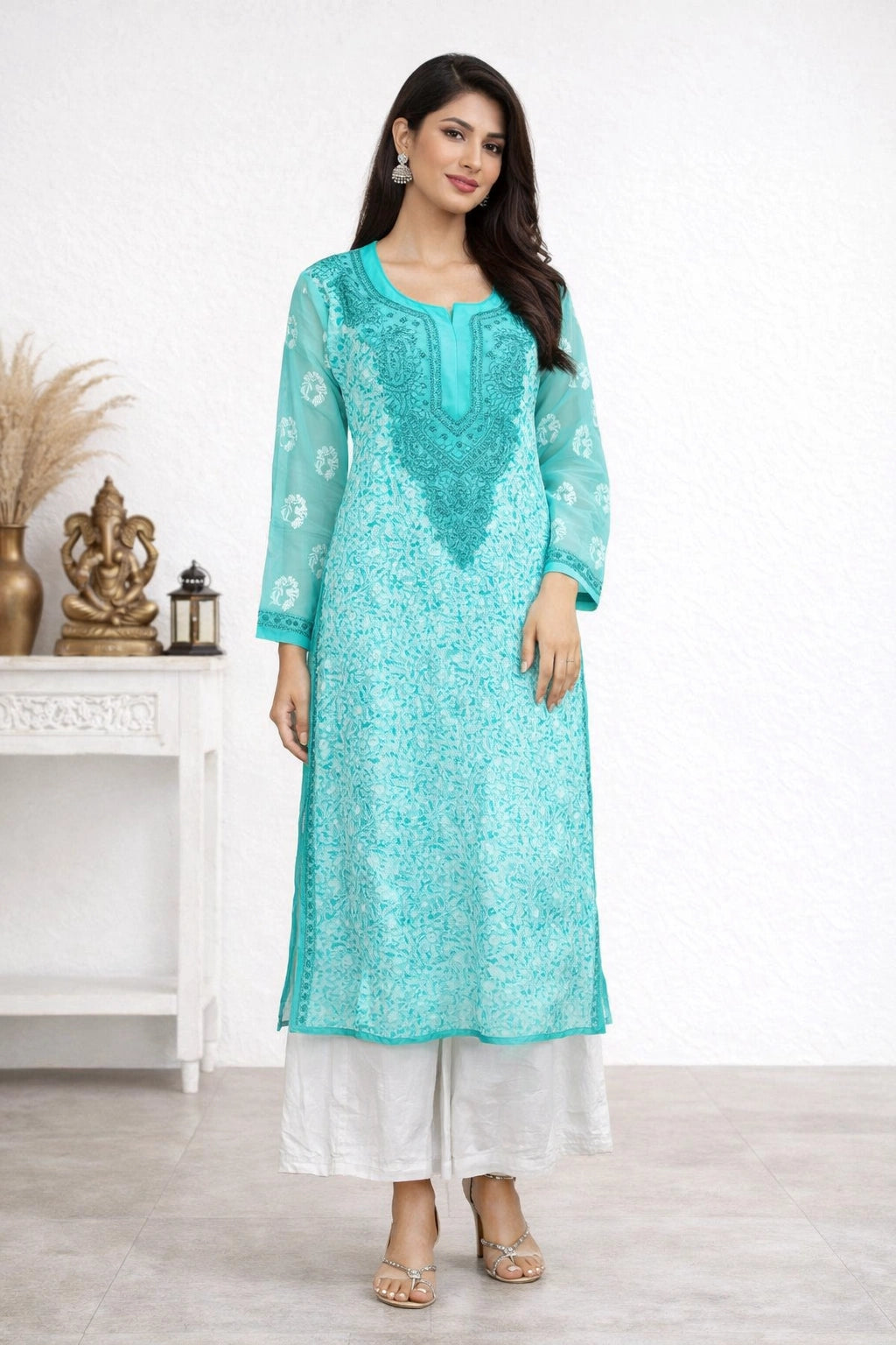 Lucknow Fashion Diary Hand Embroidered Lucknowi Chikankari Women's Green Georgette Kurti 