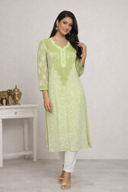 Lucknow Fashion Diary Hand Embroidered Lucknowi Chikankari women's Green Georgette Kurti 