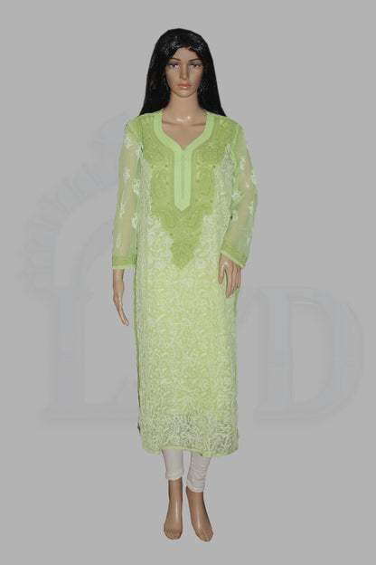Light green embroidered kurta on a mannequin against a gray background