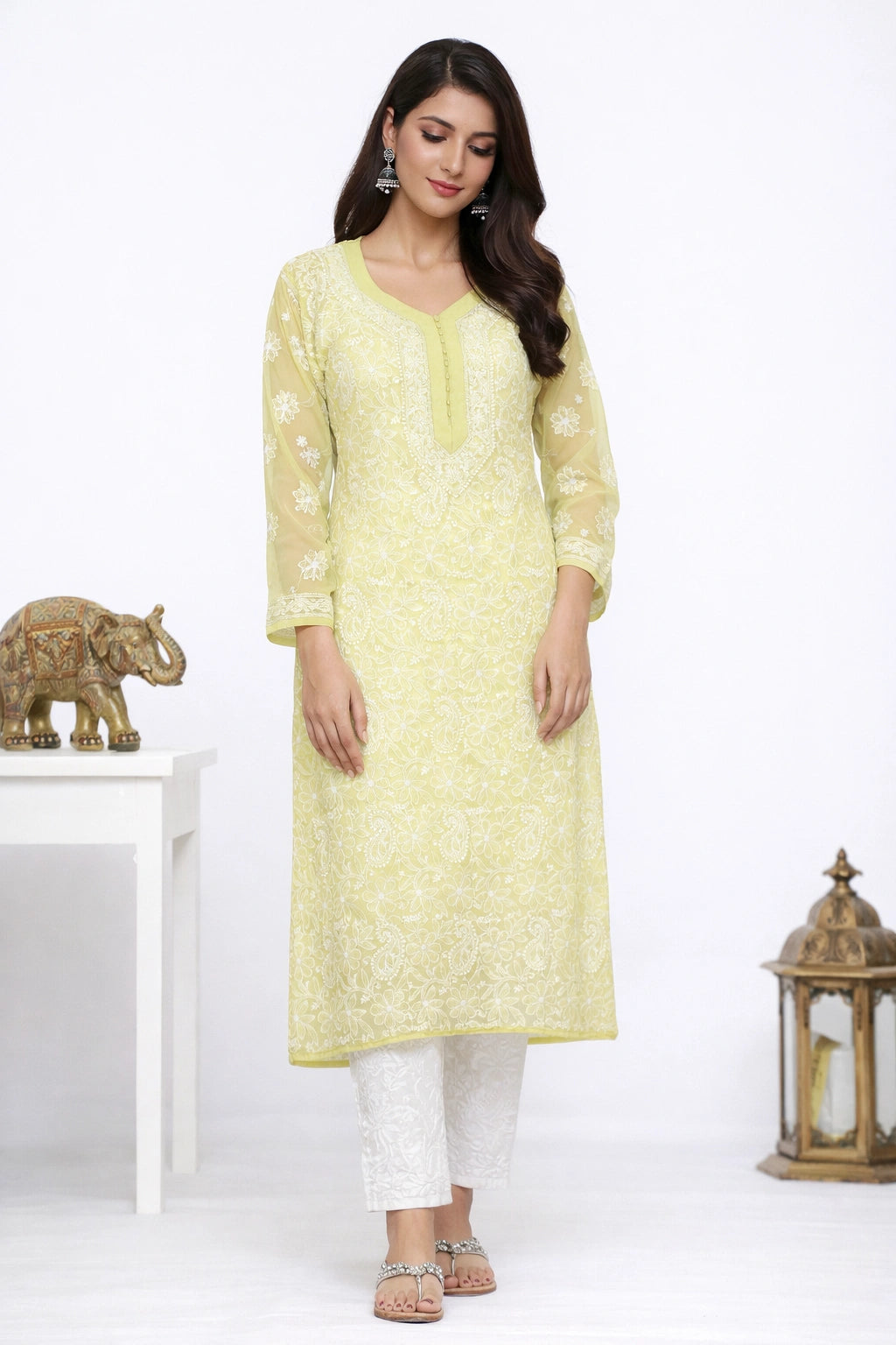 Lucknow Fashion Diary Hand Embroidered Lucknowi Chikankari Women's Green Georgette Kurti 