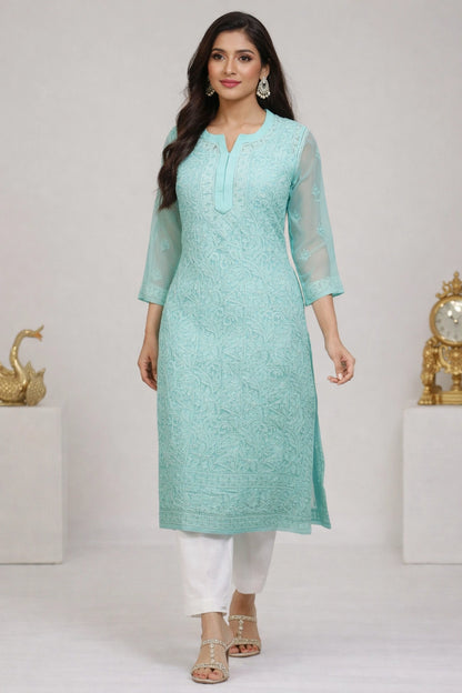 Lucknow Fashion Diary Hand Embroidered Lucknowi Chikankari Women's Green Georgette Kurti K50003
