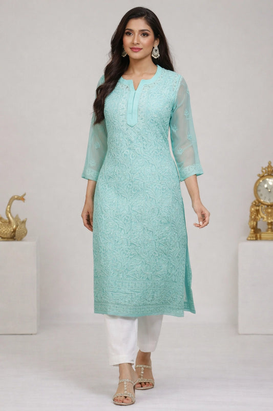 Lucknow Fashion Diary Hand Embroidered Lucknowi Chikankari Women's Green Georgette Kurti K50003