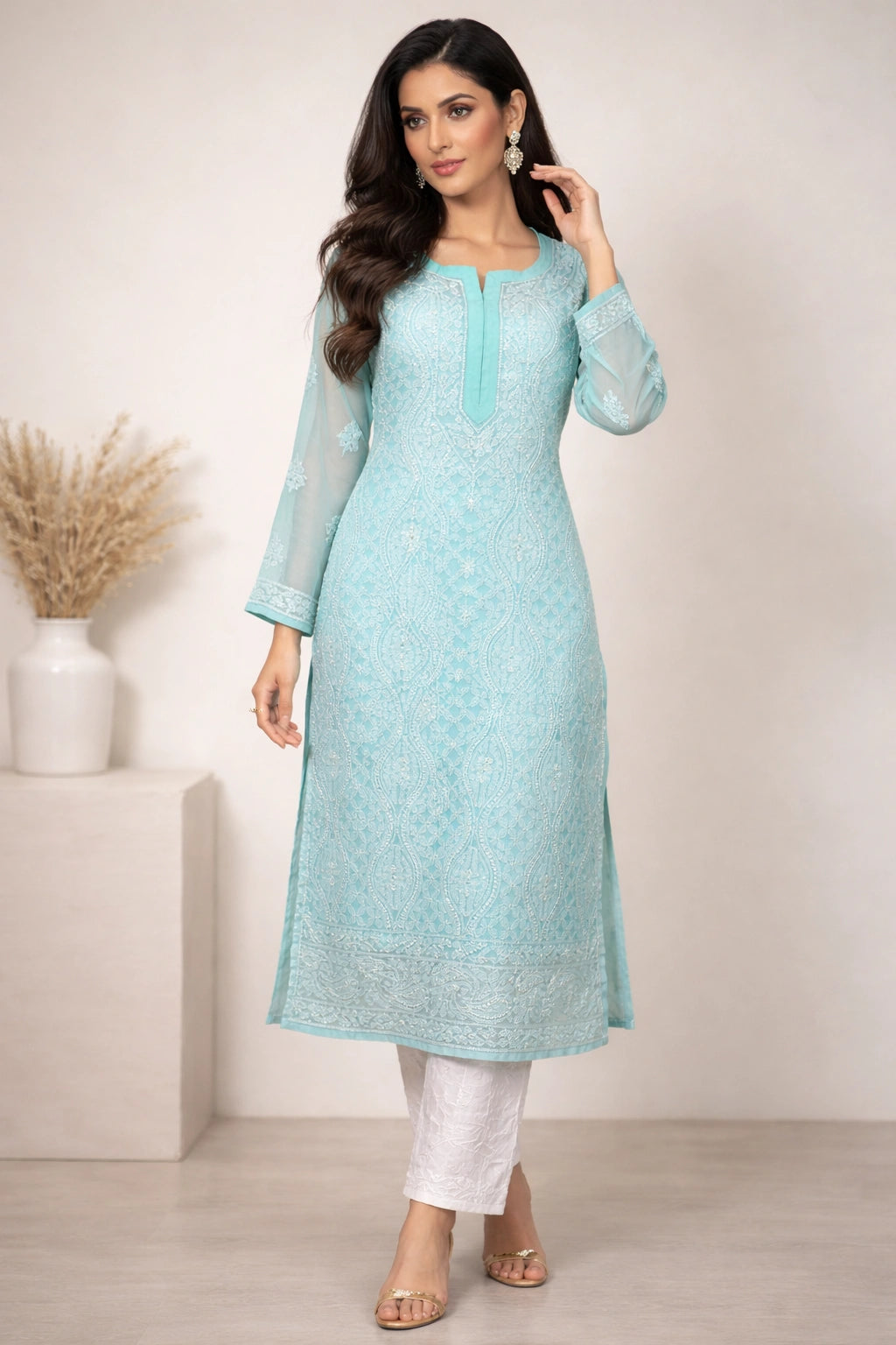 Lucknow Fashion Diary Hand Embroidered Lucknowi Chikankari Women's Green Georgette Kurti K50003
