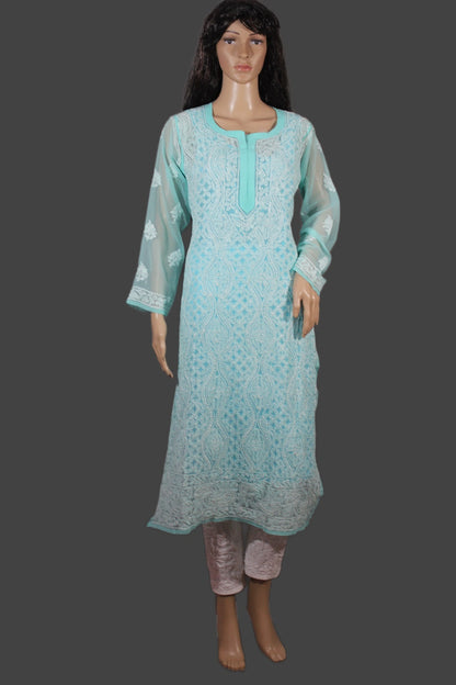 Light blue embroidered kurta on a mannequin against a dark background