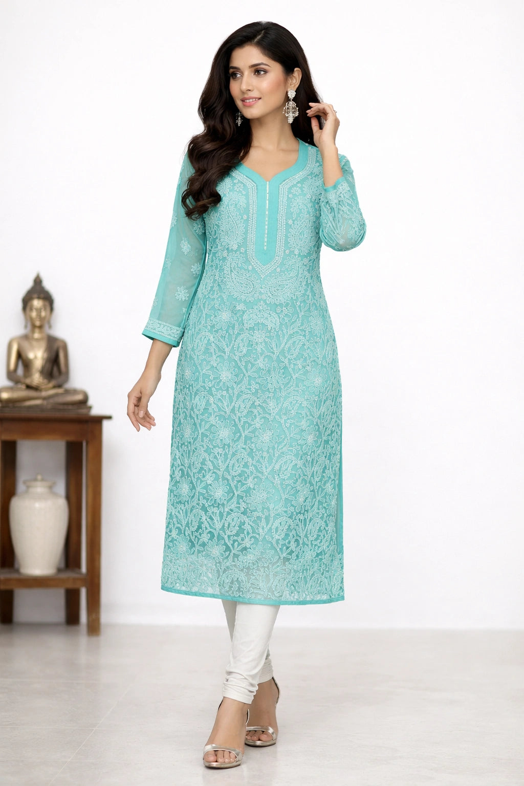 Lucknow Fashion Diary Hand Embroidered Lucknowi Chikankari Women's Green Georgette Kurti K50003