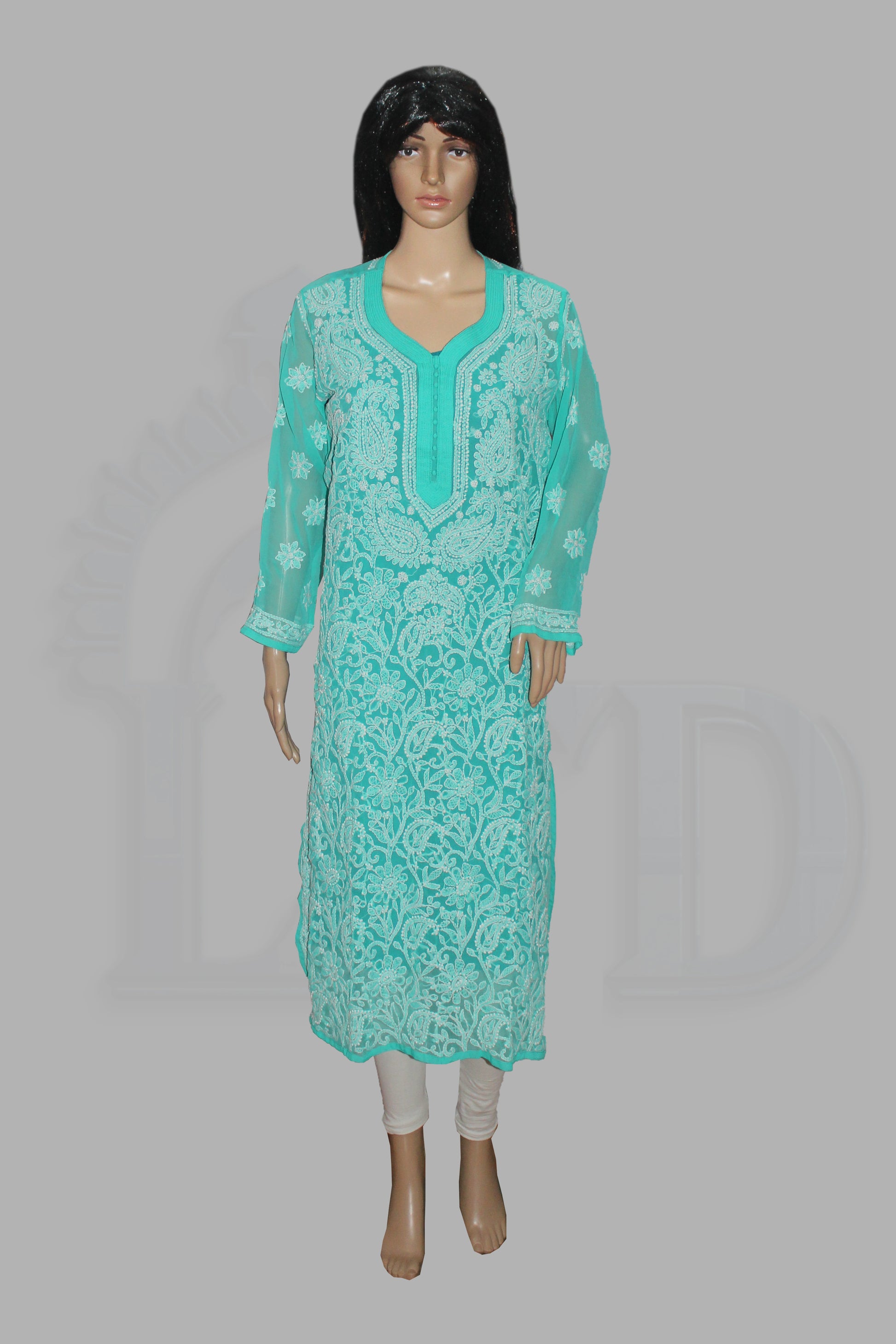 Mannequin wearing a turquoise embroidered kurta on a gray background