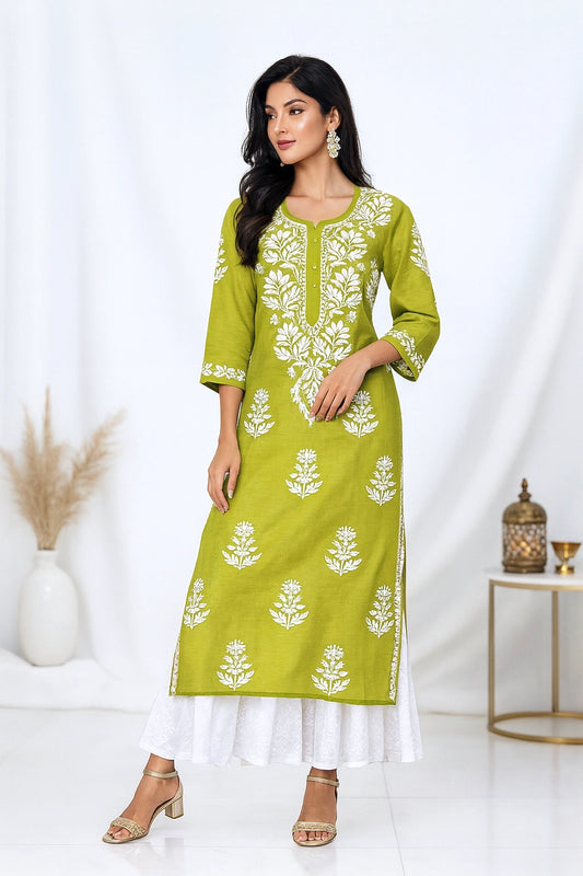 Lucknow Fashion Diary Hand Embroidered Lucknowi Chikankari Women's Green Cotton Kurti 