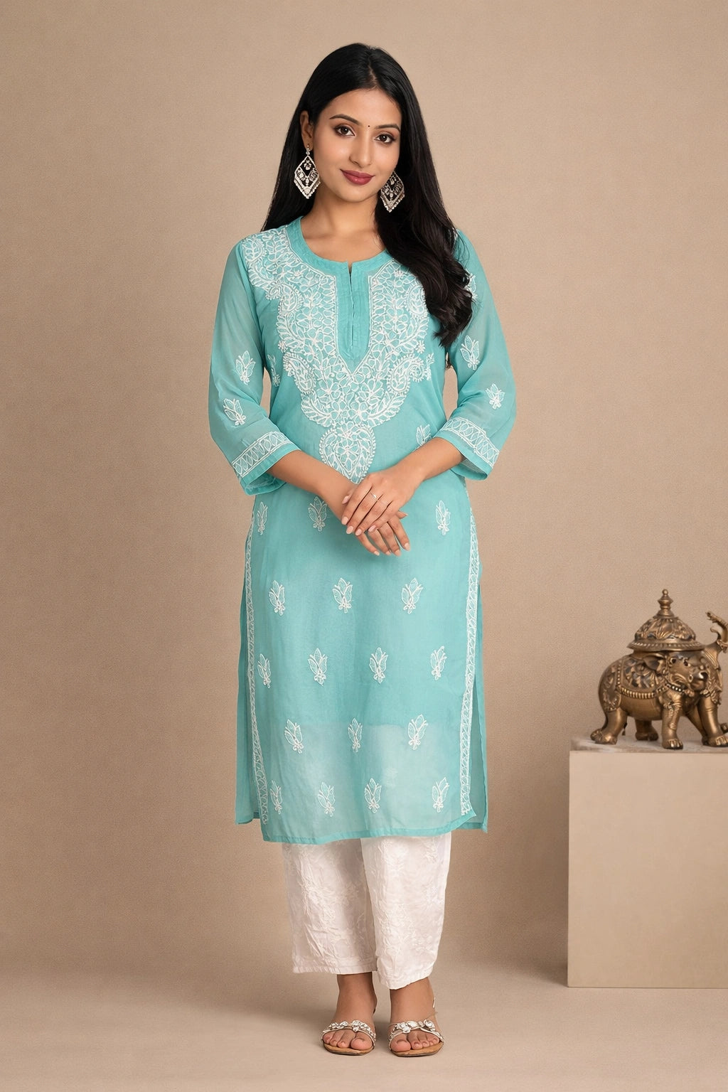 Lucknow Fashion Diary Hand Embroidered Lucknowi Chikankari Women's Green Georgette Kurti