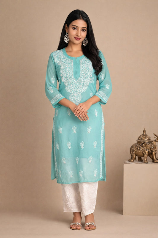 Lucknow Fashion Diary Hand Embroidered Lucknowi Chikankari Women's Green Georgette Kurti