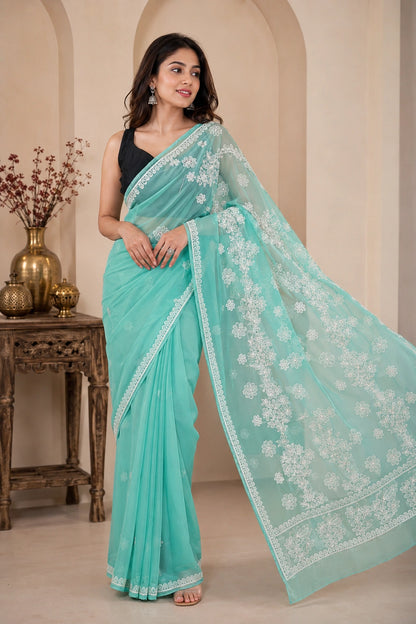 Lucknow Fashion Diary Hand Embroidered Lucknowi Chikankari Women's Green Georgette Saree With Blouse