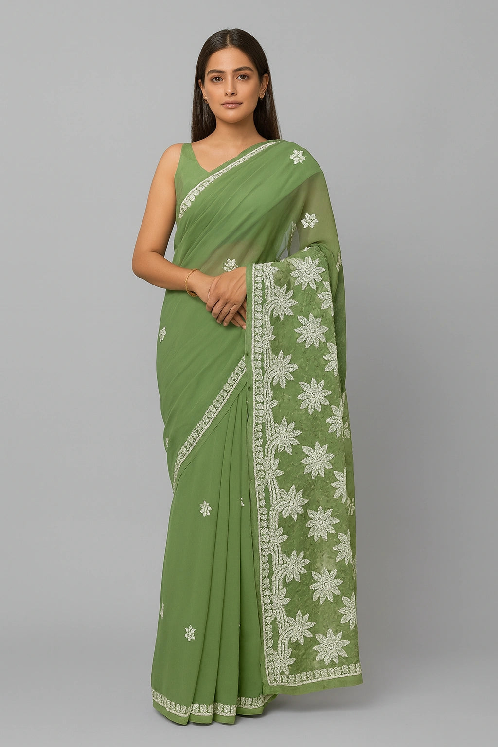 Lucknow Fashion Diary Hand Embroidered Lucknowi Chikankari Women's Green Georgette Saree With Blouse