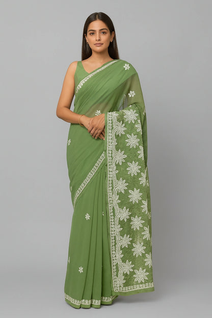 Lucknow Fashion Diary Hand Embroidered Lucknowi Chikankari Women's Green Georgette Saree With Blouse