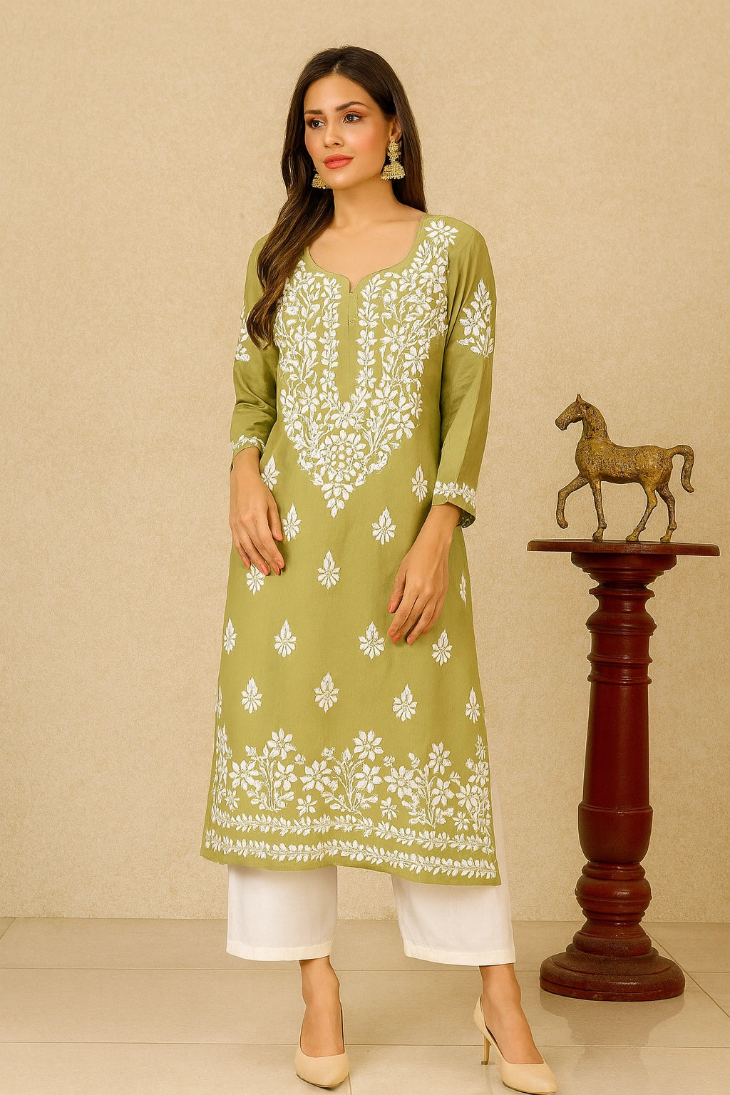 Lucknow Fashion Diary Hand Embroidered Lucknowi Chikankari Women's Green Modal Kurti