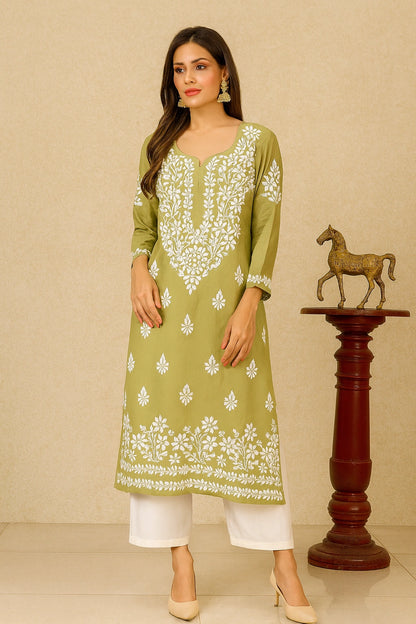 Lucknow Fashion Diary Hand Embroidered Lucknowi Chikankari Women's Green Modal Kurti