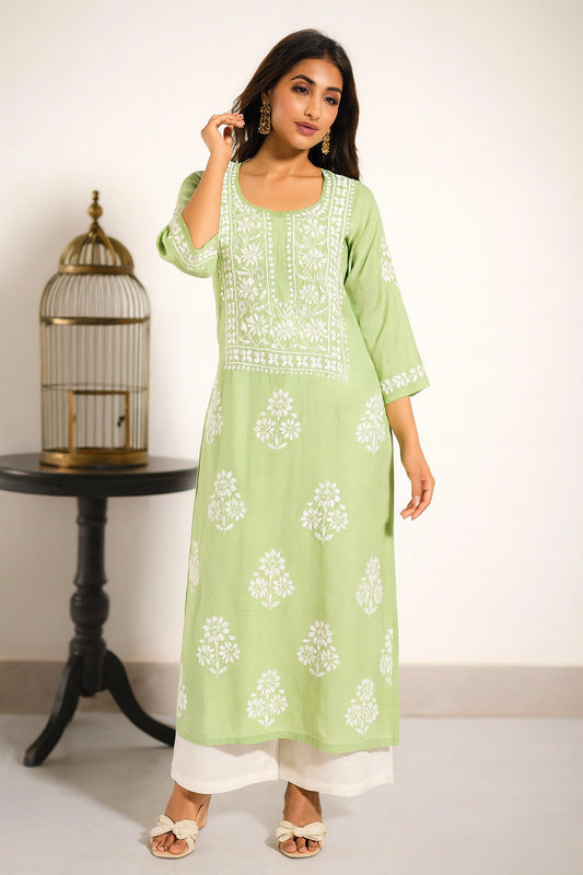 Lucknow Fashion Diary Hand Embroidered Lucknowi Chikankari Women's Green Modal Kurti