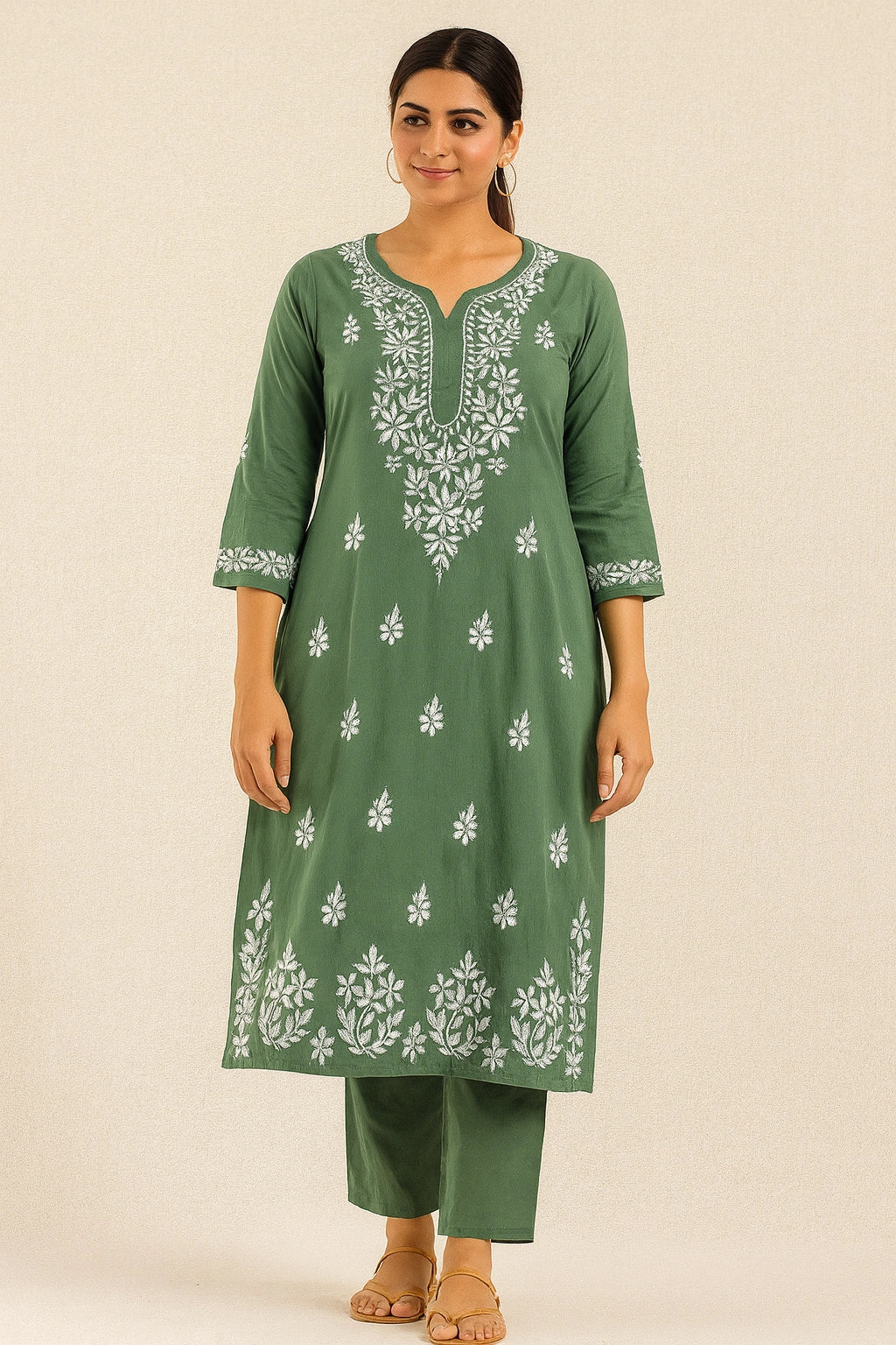Lucknow Fashion Diary Hand Embroidered Lucknowi Chikankari Women's Green Modal Kurti