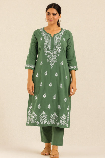 Lucknow Fashion Diary Hand Embroidered Lucknowi Chikankari Women's Green Modal Kurti