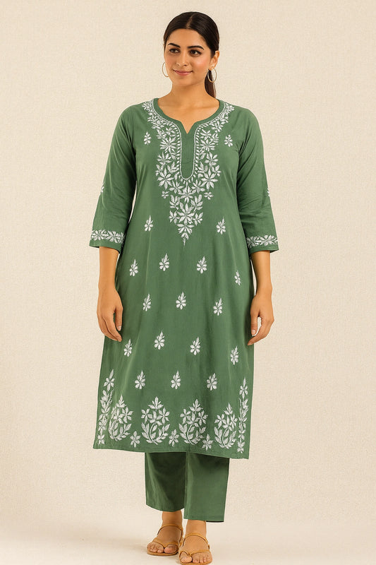Lucknow Fashion Diary Hand Embroidered Lucknowi Chikankari Women's Green Modal Kurti