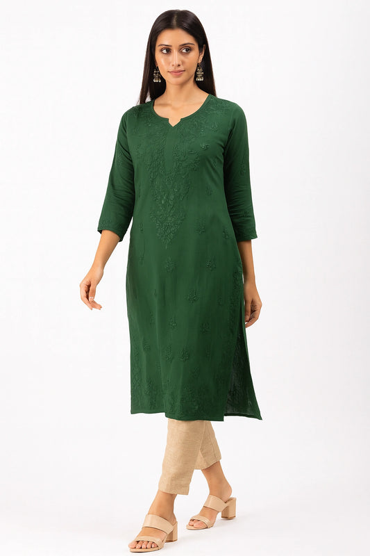 Lucknow Fashion Diary Hand Embroidered Lucknowi Chikankari Women's Green Modal Kurti
