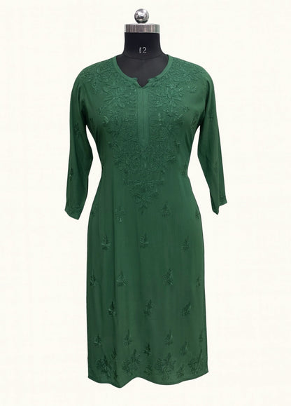 lucknowi chikankari Green dress on a mannequin against a white background