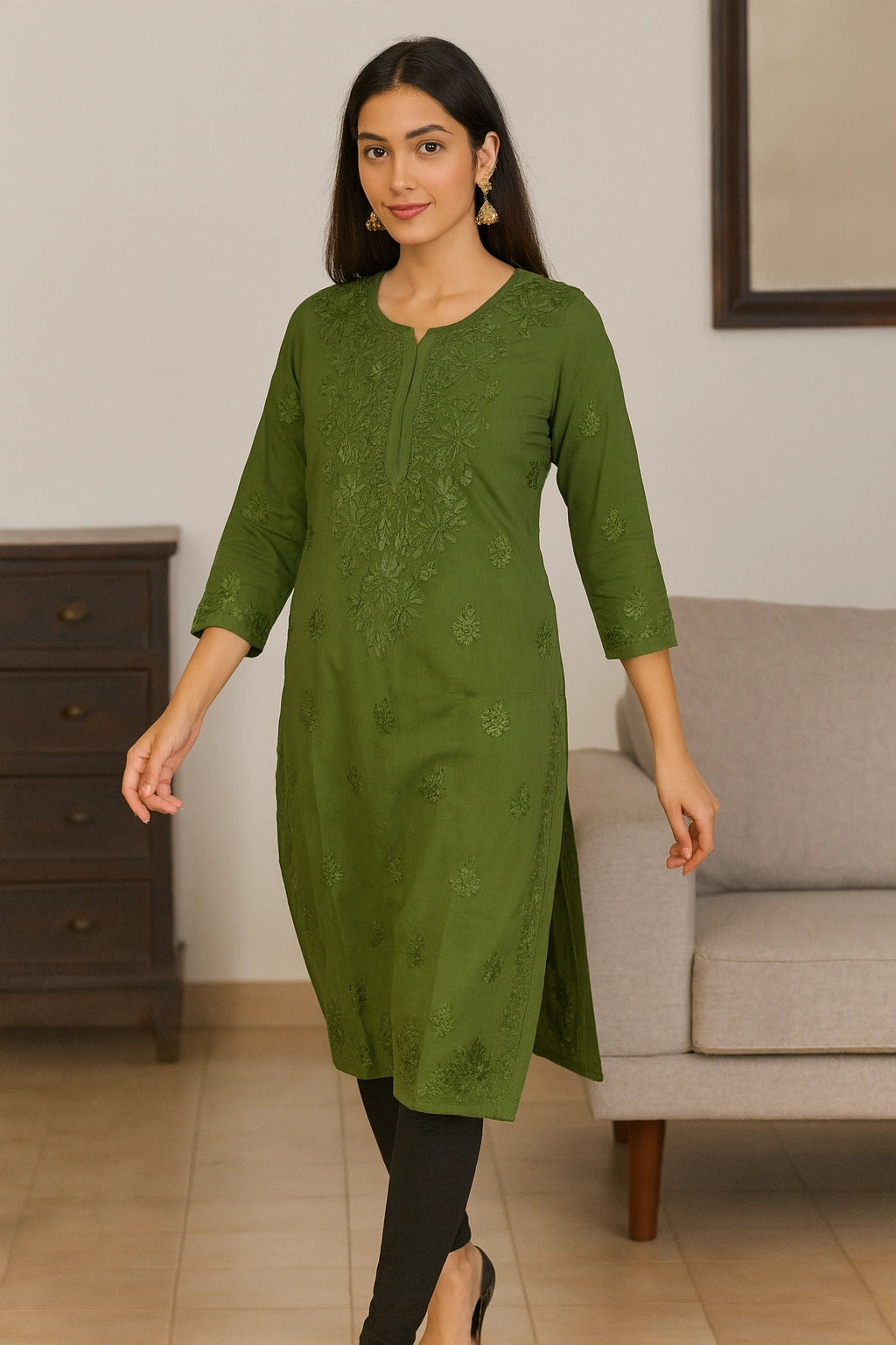 Lucknow Fashion Diary Hand Embroidered Lucknowi Chikankari Women's Green Modal Kurti